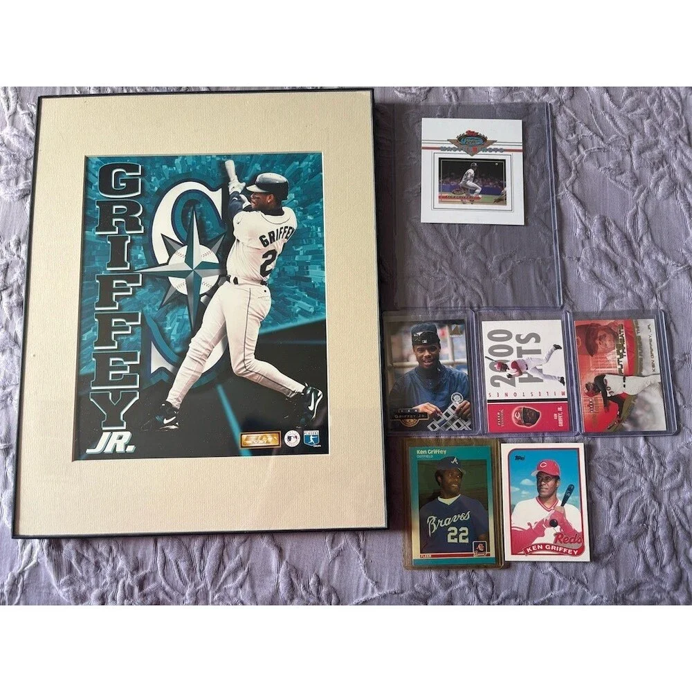 Ken Griffey Jr & Sr Memorabilia Lot Framed Mariners Print + 6 MLB Cards